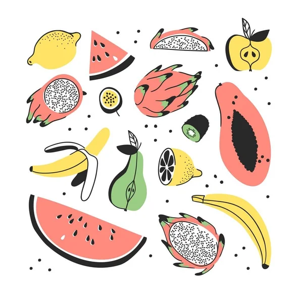 Conjunto dibujado a mano de frutas tropicales. Patrón artístico vectorial sin costuras con la comida. Ilustración de verano sandía, plátano, papaya, pitaya, pera, maracuyá y kiwi — Vector de stock