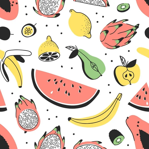 Hand getekend set van tropische vruchten. Vector artistieke naadloze patroon met voedsel. Zomer illustratie watermeloen, banaan, papaya, pitaya, peer, appel, citroen, passievruchten en kiwi — Stockvector