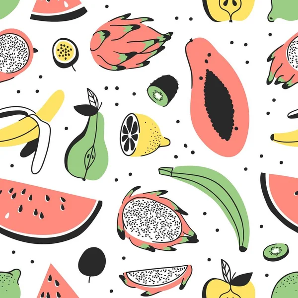 Set de fructe tropicale trase de mână. Modelul artistic vectorial fără sudură cu alimente. Ilustrație de vară pepene verde, banană, papaya, pitaya, pere, mere, lămâie, fructe de pasiune și kiwi — Vector de stoc