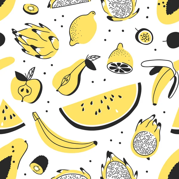 Ručně tažené sada tropické ovoce. Vektorové umělecké vzor bezešvé s jídlem. Letní obrázek meloun, banán, papája, pitaya, hruška, jablko, citron, mučenka a kiwi — Stockový vektor