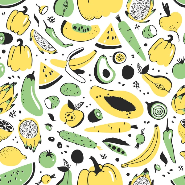 手果物と野菜で描かれたシームレス パターン。ベクトル芸術的料理。菜食主義者のパパイヤ、カボチャ、キュウリ、ビート、トマト、ジャガイモ、コショウ、ニンジン、バナナ、梨、リンゴを描く — ストックベクタ