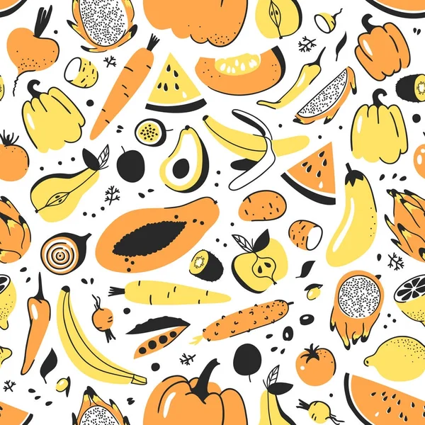 Tras manual model fără sudură cu fructe și legume. Mâncare ilustrativă vectorială. Vegan desen papaya, dovleac, castravete, sfeclă roșie, cartofi, piper, morcov, banană, pere, mere — Vector de stoc