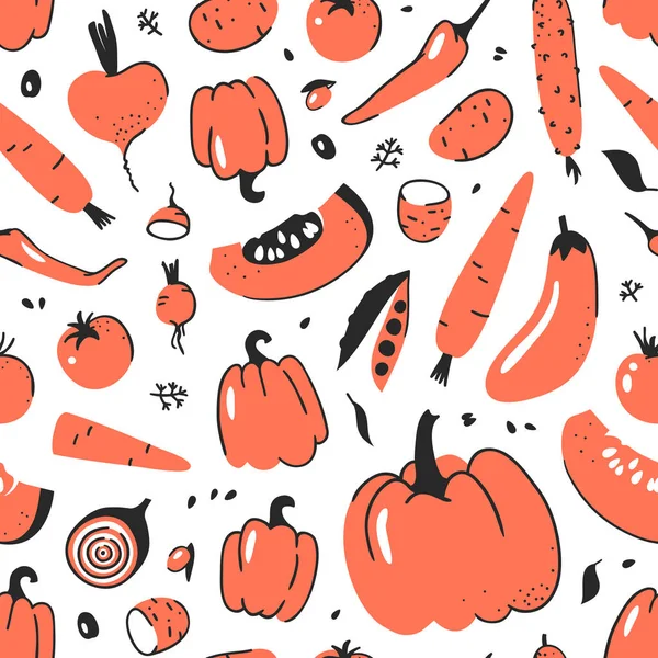 Patrón sin costura dibujado a mano con vegetales. Dibujo artístico vectorial comida. Ilustración de verano cebolla roja, calabaza, papa, pimienta, guisantes verdes, remolacha, berenjena, tomate, pepino, aguacate, zanahoria — Vector de stock