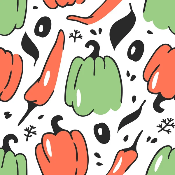 手野菜で描かれたシームレス パターン。ベクトル芸術食品を描画します。コショウと夏イラスト — ストックベクタ