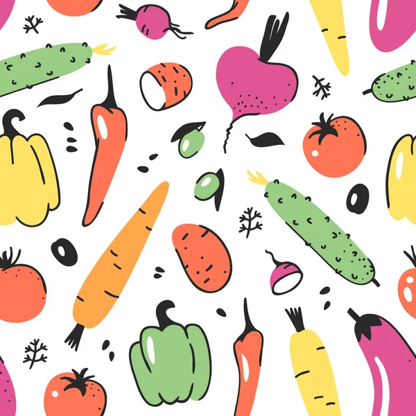 手野菜で描かれたシームレス パターン。ベクトル芸術食品を描画します。夏イラスト赤タマネギ、カボチャ、ジャガイモ、コショウ、グリーン ピース、ビーツ、ナス、トマト、キュウリ、アボカド、ニンジン — ストックベクタ