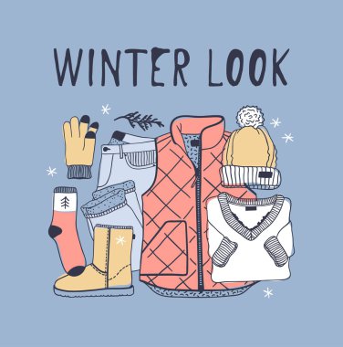 Elle çizilmiş moda illüstrasyon. Yaratıcı mürekkep sanat eseri. Gerçek rahat vektör çizim. Kış, şişmiş yelek, kot pantolon, şapka, Ayakkabı, çorap, eldiven, kar taneleri