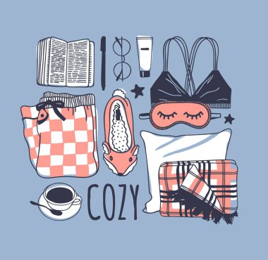 Elle çizilmiş moda illüstrasyon. Yaratıcı mürekkep sanat eseri. Gerçek vektör çizim. Rahat seti, kitap, gözlük, sütyen, pijama, ekose, kahve