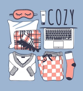 Elle çizilmiş moda illüstrasyon. Yaratıcı mürekkep sanat eseri. Gerçek vektör çizim. Rahat kümesi, pijama, maske, ekose, çorap, dizüstü bilgisayar