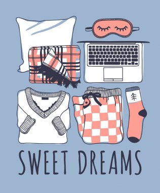 El gece moda resimde çekilmiş. Yaratıcı mürekkep sanat eseri. Gerçek vektör çizim. Küme, ekose, maske, laptop, pijama, sock rahat
