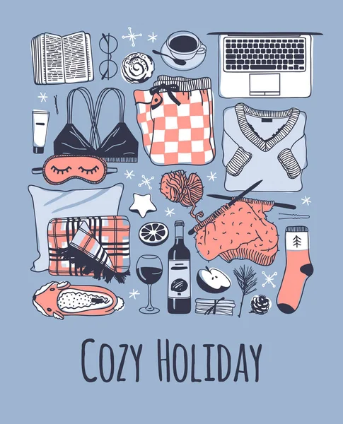 Hand getekend gezellige mode illustratie. Creatieve inkt kunstwerk. Werkelijke vector tekening. Vakantiewoningen set, boek, glazen, koffie, laptop, beha, pyjama's, plaid, wijn, sock — Stockvector