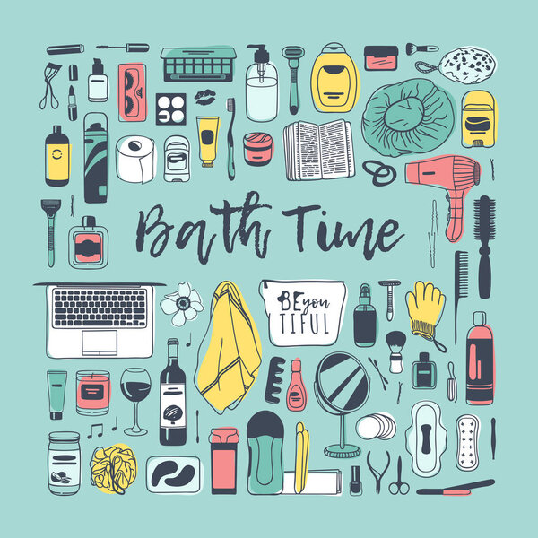 Изделия для красоты ручной работы. Творческое чернильное искусство. Рисунок векторных ванн
