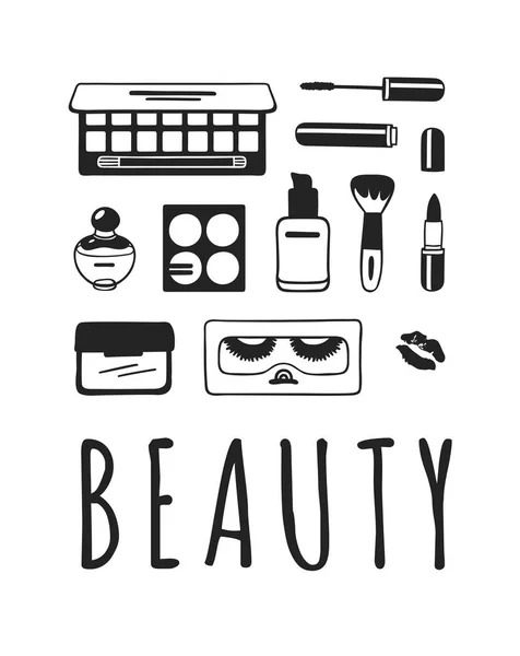 Ilustración Dibujada Mano Productos Belleza Dibujo Maquillaje Vector Real — Archivo Imágenes Vectoriales