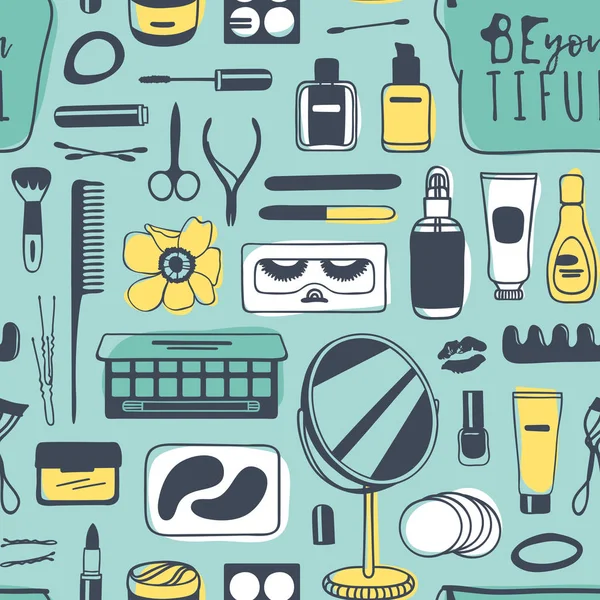Hand drawn seamless pattern with cosmetics. Background with beauty products