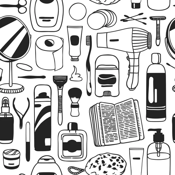 Hand drawn seamless pattern with cosmetics. Background with male beauty products