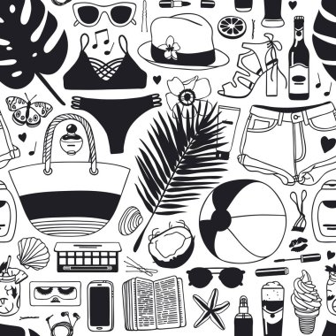 Elle çizilmiş yaz Dikişsiz desen. Tropikal vektör arka plan. Sanatsal doddle çizim. Yaratıcı mürekkep sanat eseri. Moda illustrationobjects