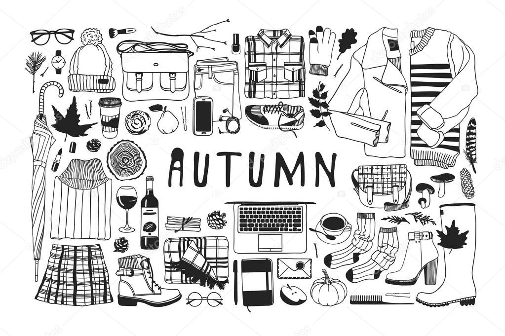 Hand drawn autumn pattern. Fall vector background. Artistic doddle drawing. Creative ink art work. Fashion illustration objects