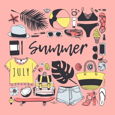 Elle çizilmiş yaz desen. Tropikal vektör arka plan. Sanatsal doddle çizim. Yaratıcı mürekkep sanat eseri. Moda illüstrasyon sezon nesneleri