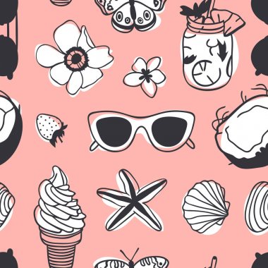 Elle çizilmiş yaz Dikişsiz desen. Tropikal vektör arka plan. Sanatsal doddle çizim. Yaratıcı mürekkep sanat eseri. Moda çizim nesneleri