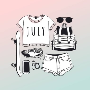 Elle çizilmiş yaz desen. Tropikal vektör arka plan. Sanatsal doddle çizim. Yaratıcı mürekkep sanat eseri. Moda illüstrasyon sezon nesneleri