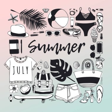 Elle çizilmiş yaz desen. Tropikal vektör arka plan. Sanatsal doddle çizim. Yaratıcı mürekkep sanat eseri. Moda illüstrasyon sezon nesneleri