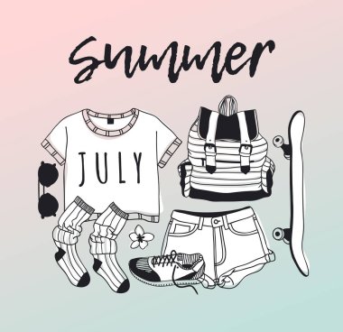 Elle çizilmiş yaz desen. Tropikal vektör arka plan. Sanatsal doddle çizim. Yaratıcı mürekkep sanat eseri. Moda illüstrasyon sezon nesneleri