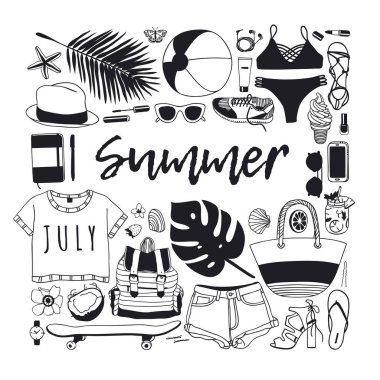 Elle çizilmiş yaz desen. Tropikal vektör arka plan. Sanatsal doddle çizim. Yaratıcı mürekkep sanat eseri. Moda illüstrasyon sezon nesneleri