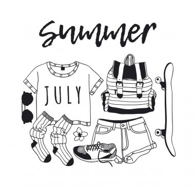 Elle çizilmiş yaz desen. Tropikal vektör arka plan. Sanatsal doddle çizim. Yaratıcı mürekkep sanat eseri. Moda illüstrasyon sezon nesneleri