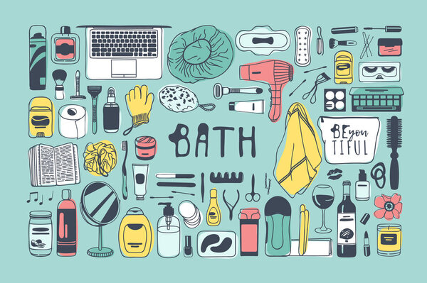 Изделия для красоты ручной работы. Творческое произведение искусства. Рисунок векторных ванн
