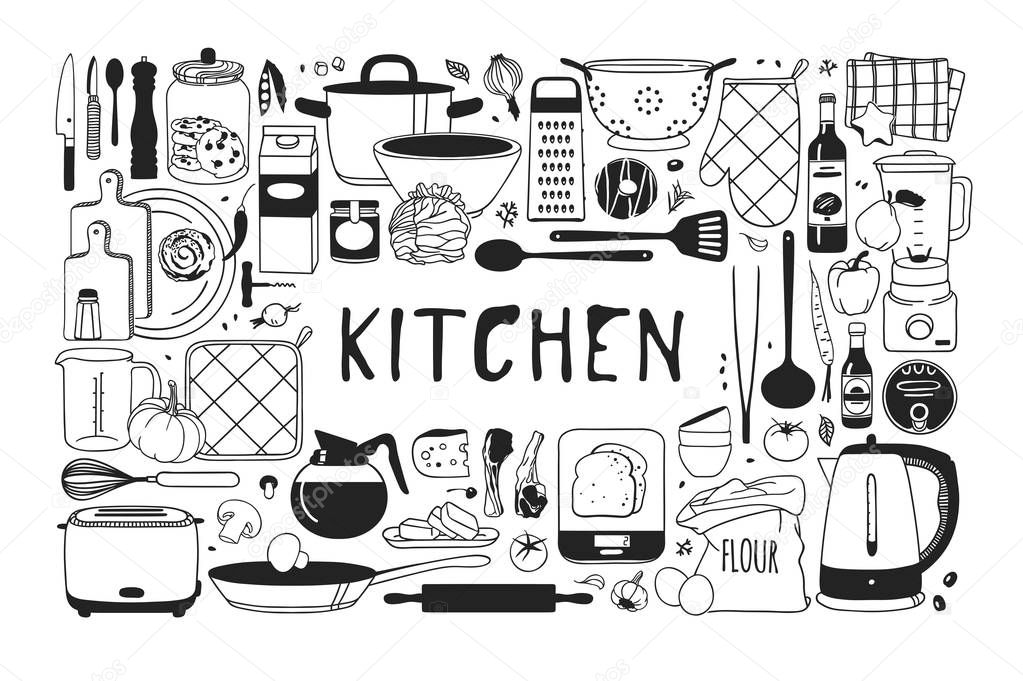 Hand drawn illustration cooking tools and dishes. Creative art work. Actual vector drawing. Kitchen set
