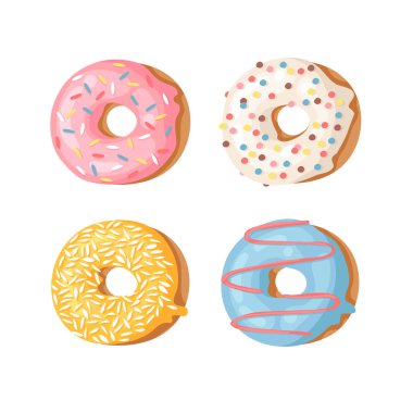 Çizgi film vektör çizim set Donuts. El çizim tatlı çörek çekilmiş. Gerçek yaratıcı sanat çalışmaları fırında