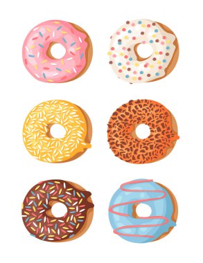 Çizgi film vektör çizim set Donuts. El çizim tatlı çörek çekilmiş. Gerçek yaratıcı sanat çalışmaları fırında