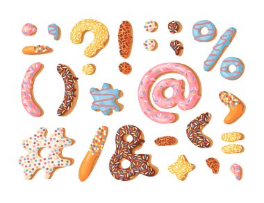 Cartoon vector illustration donut. Hand drawn font with sweet bun. Actual Creative art bake alphabet clipart