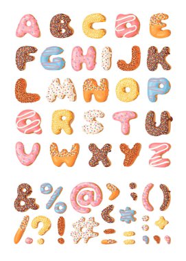 Çizgi film vektör çizim çörek. Elle çizilmiş yazı tipi tatlı çörek ile. Gerçek yaratıcı sanat fırında alfabesi