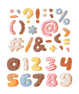 Cartoon vector illustration donut. Hand drawn set of numbers and signs with sweet bun. Actual Creative art work bake clipart