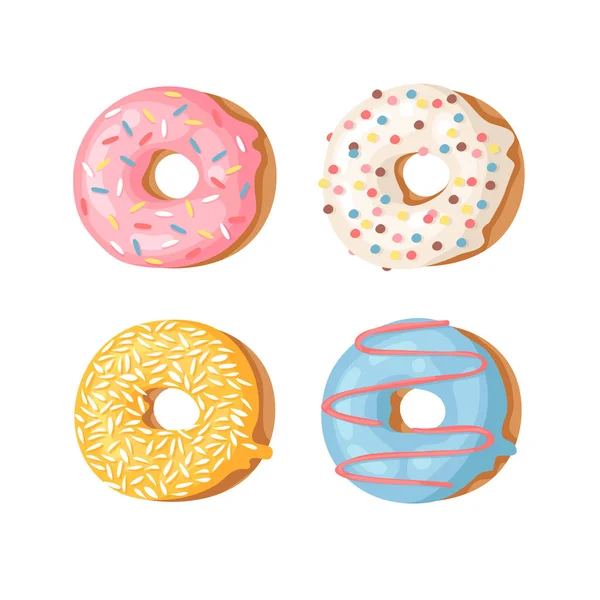 Dibujos animados vector ilustración conjunto de donas. Dibujo dibujado a mano bollo dulce. Obra de arte creativo real hornear — Vector de stock