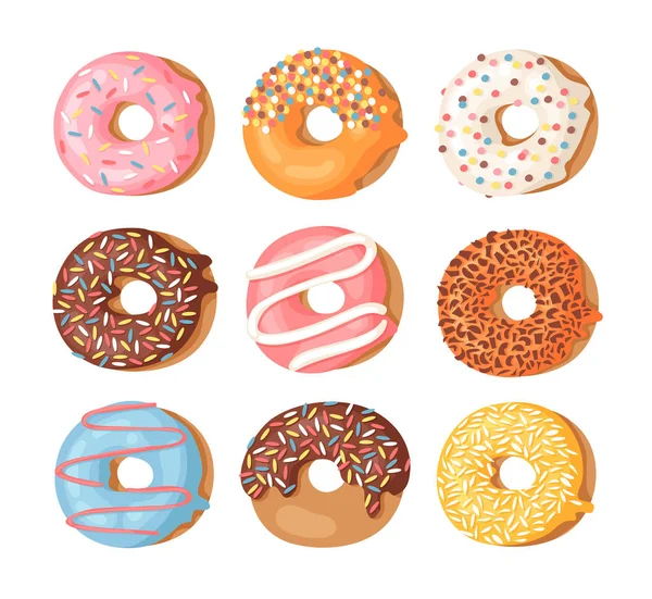 Cartoon vector illustration set of donuts. Hand drawn drawing sweet bun. Actual Creative art work bake — Stock Vector