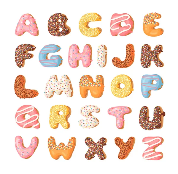Desenhos animados ilustração vetorial donut. Fonte desenhada à mão com coque doce. Arte criativa real assar alfabeto —  Vetores de Stock