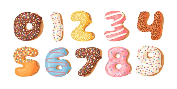 Dibujos animados vector ilustración donut. Conjunto de números dibujados a mano con bollo dulce. Obra de arte creativo real hornear — Vector de stock