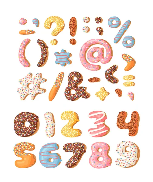 Çizgi film vektör çizim çörek. El dizi numaraları ve işaretleri tatlı çörek ile çekilmiş. Gerçek yaratıcı sanat çalışmaları fırında