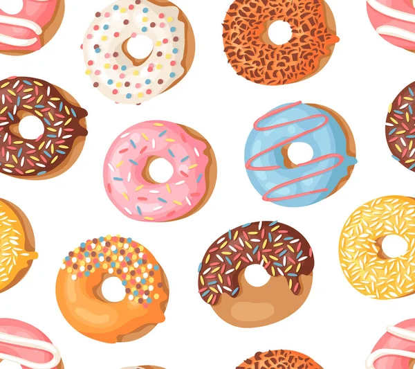 Dibujos animados vector ilustración donuts. Bollo dulce de patrón sin costura dibujado a mano. Trabajo creativo real hornear fondo — Vector de stock