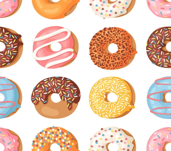 Dibujos animados vector ilustración donuts. Bollo dulce de patrón sin costura dibujado a mano. Trabajo creativo real hornear fondo — Vector de stock
