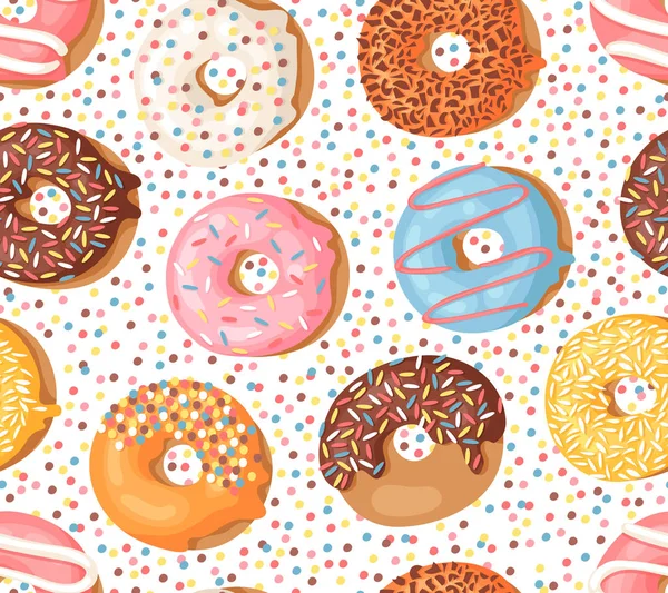 Cartoon vector illustration donuts. Hand drawn seamless pattern sweet bun. Actual Creative art work bake background — Stock Vector