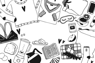 Çerçevede uyku rutinleri hakkında elle çizilmiş nesneler. Vektör Cozy III