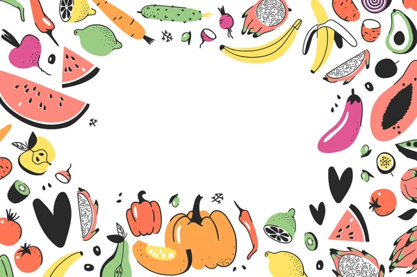 Dibujos animados vector ilustración verduras y frutas. Dibujado a mano ve — Vector de stock