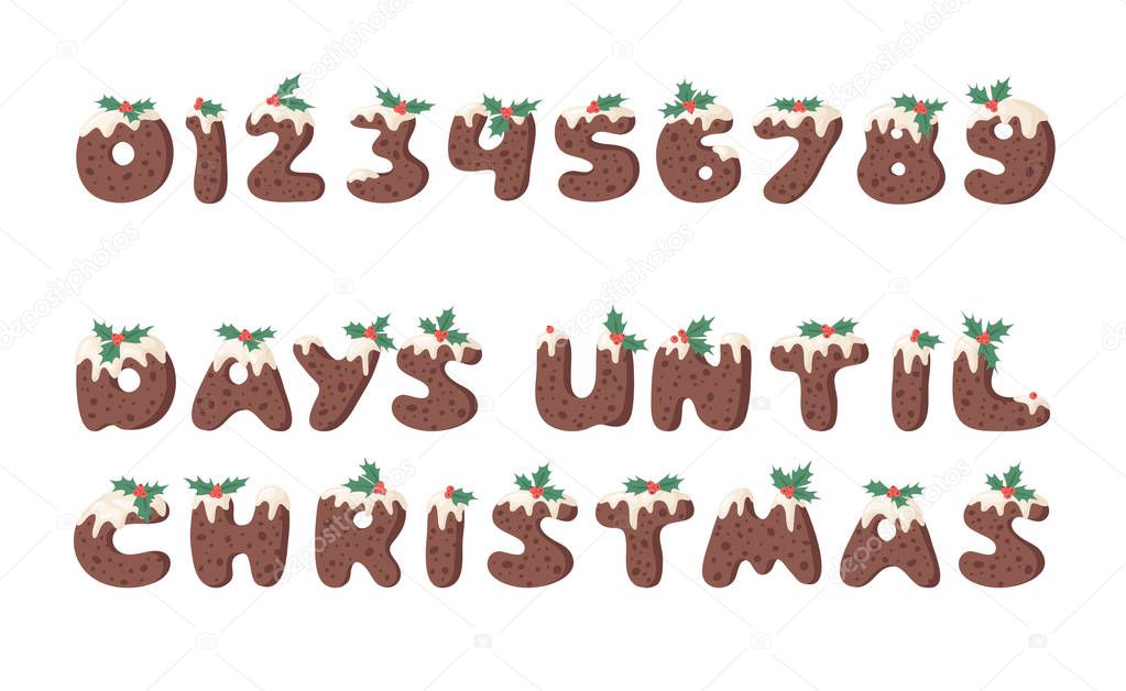 Cartoon vector illustration Christmas Pudding. Hand drawn font. 
