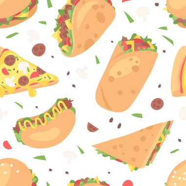 Çizgi film fast food seti. El yapımı yemek. Gerçek Vektör. 