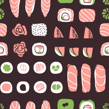 Deniz yiyeceğiyle el çizimi kusursuz desen. Yaratıcı mürekkep sanatı