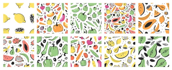 Mão desenhada Conjunto grande de padrões sem costura com legumes e frutas — Vetor de Stock