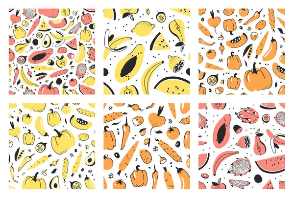 Mão desenhada Conjunto grande de padrões sem costura com legumes e frutas — Vetor de Stock