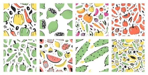 Ręcznie rysowane Duży zestaw bezszwowych wzorów z warzywami i owocami — Wektor stockowy
